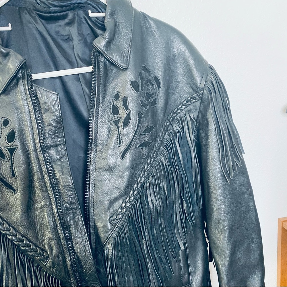 Vintage Genuine Black Leather Rose Cutout Boho Fringe Motorcycle Jacket Medium - Picture 3 of 13